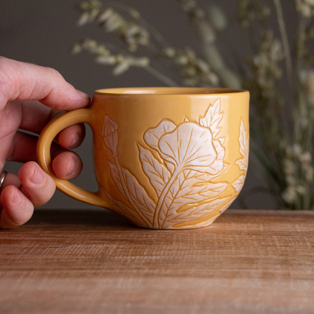 Yellow Sgraffito Poppy Mug 15oz