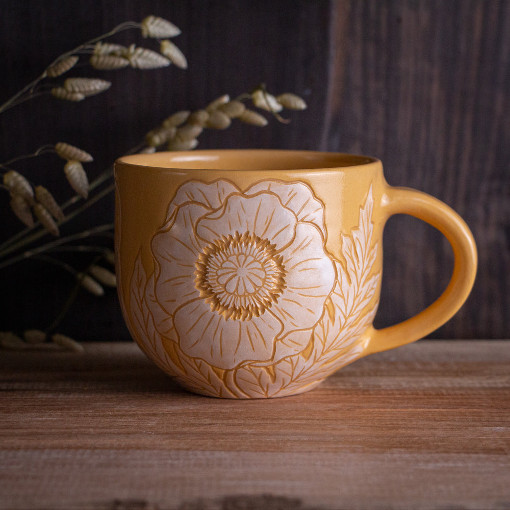 Yellow Sgraffito Poppy Mug 15oz