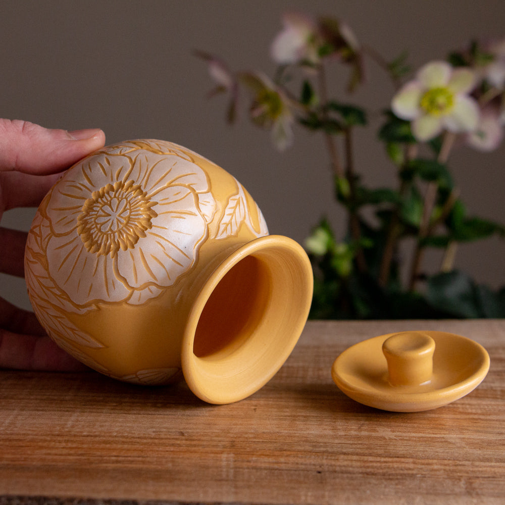 Yellow Sgraffito Poppy Lidded Jar