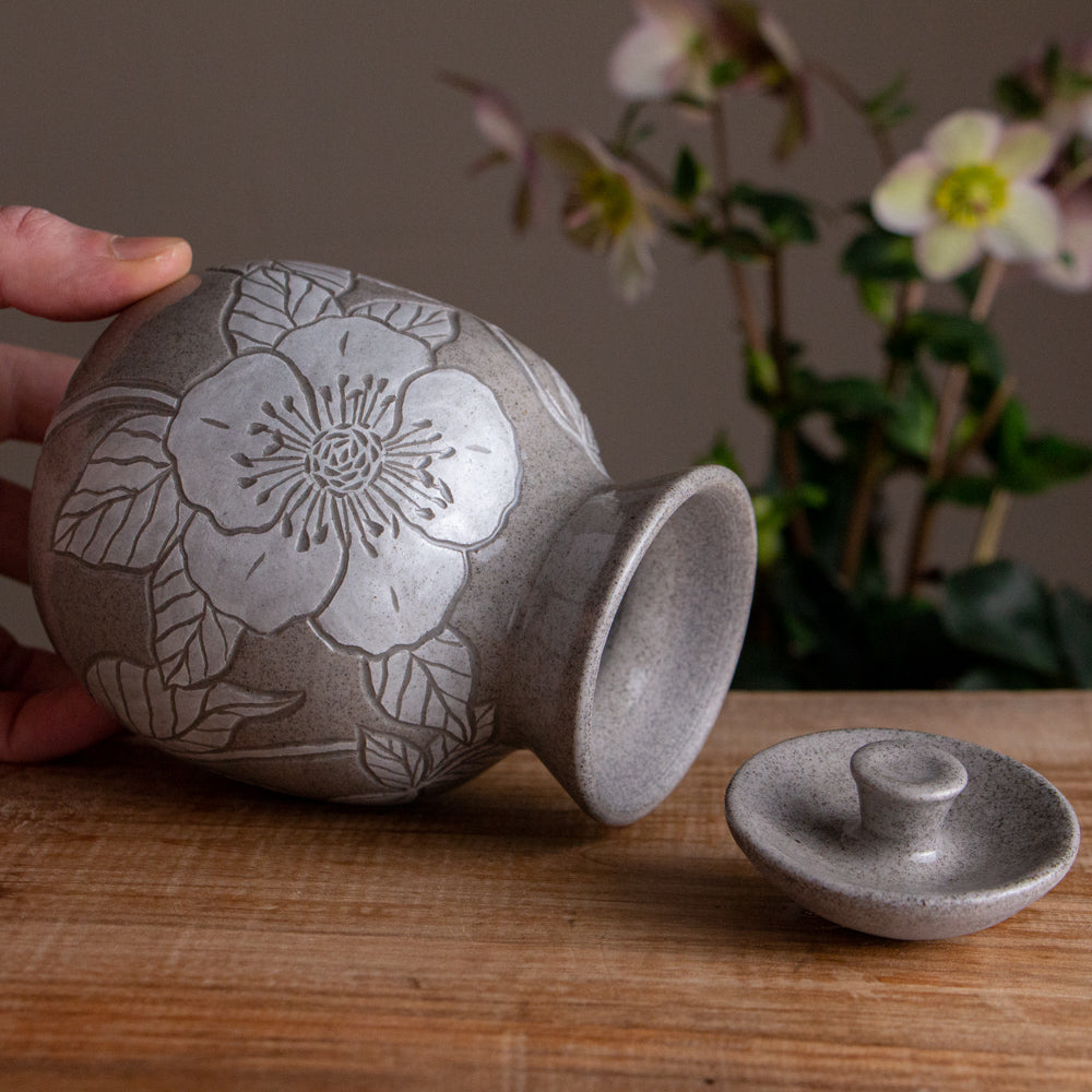Gray Sandstone Sgraffito Hellebore Lidded Jar