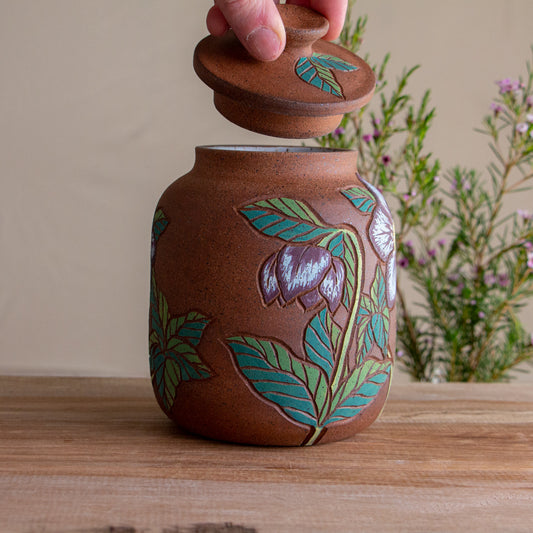 Stoneware Hellebore Lidded Jar / Canister