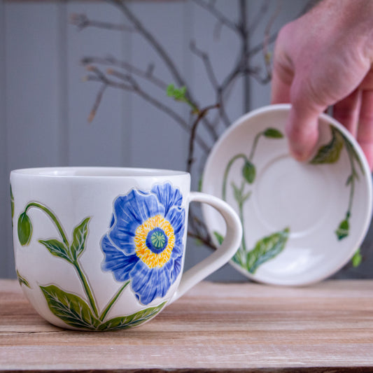 Blue Poppy Tea Cup & Saucer [14oz]