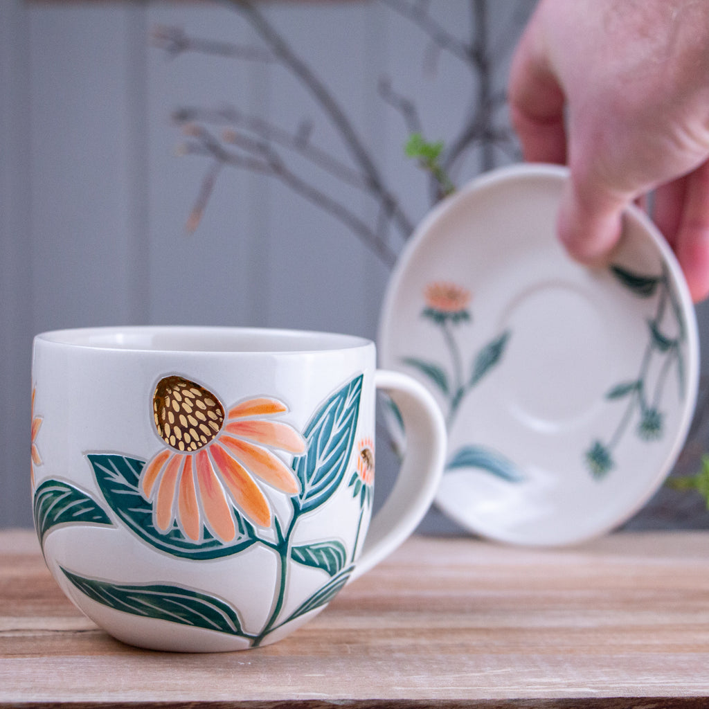 Peach Echinacea Teacup & Saucer [13oz]