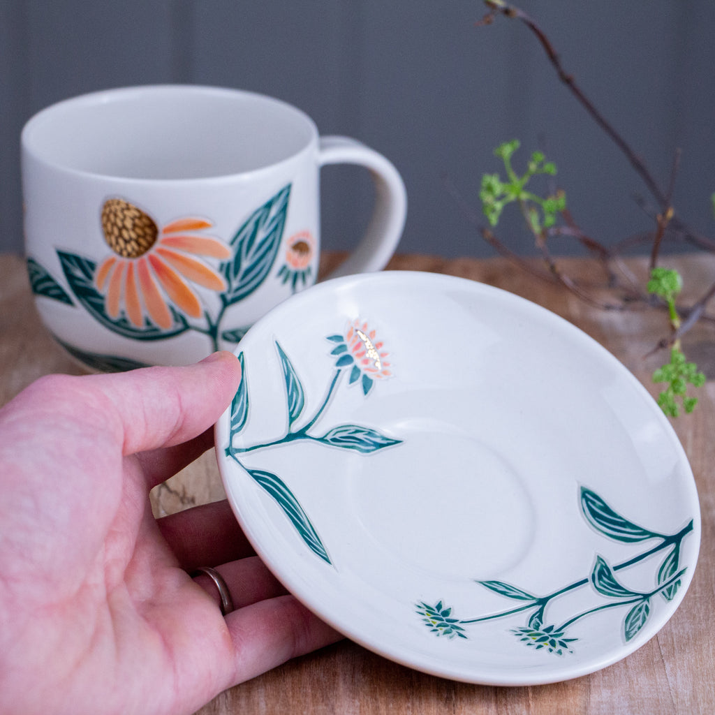 Peach Echinacea Teacup & Saucer [13oz]