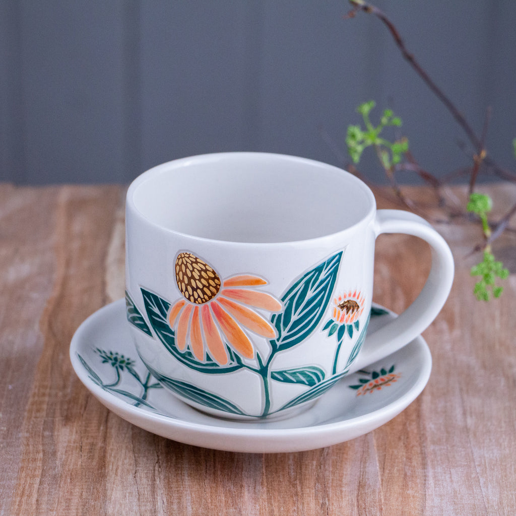 Peach Echinacea Teacup & Saucer [13oz]