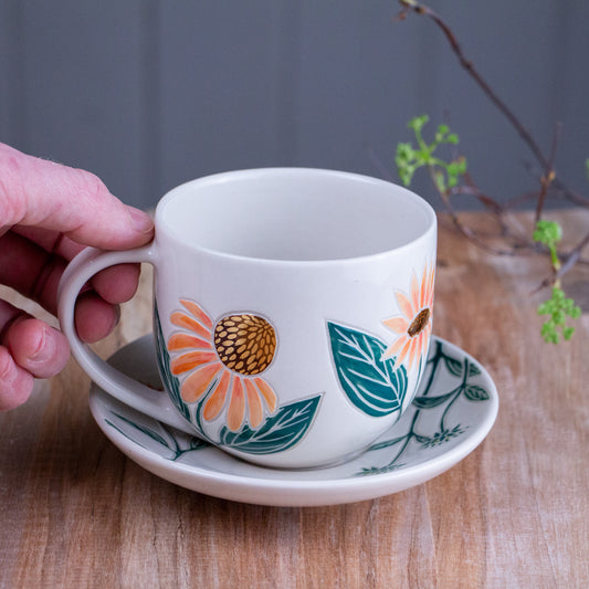 Peach Echinacea Teacup & Saucer [13oz]