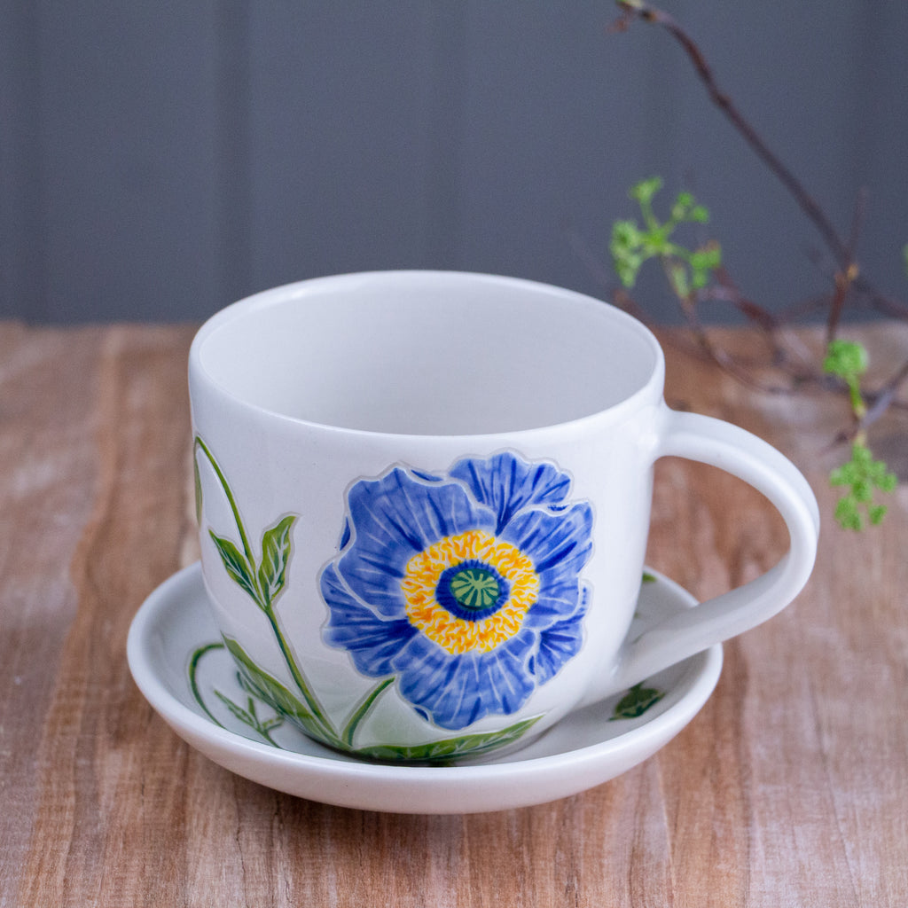 Blue Poppy Tea Cup & Saucer [14oz]