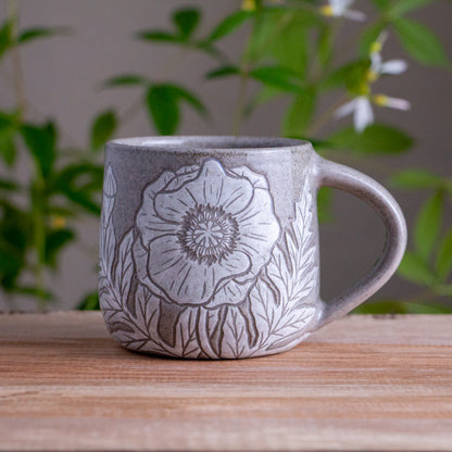Gray Sandstone Sgraffito Poppy Mug #1 [12oz]