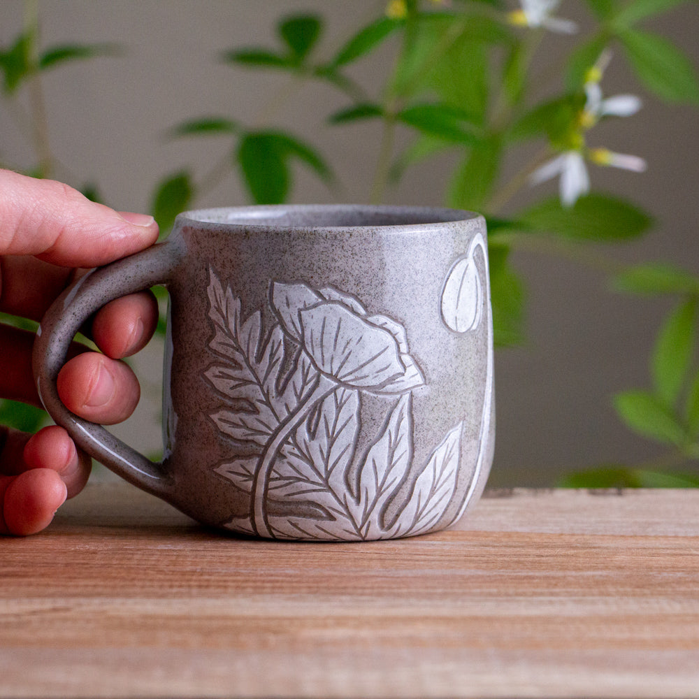 Gray Sandstone Sgraffito Poppy Mug #1 [12oz]