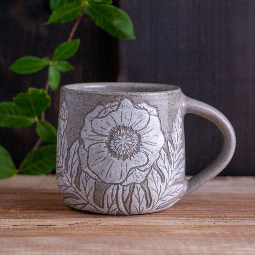 Gray Sandstone Sgraffito Poppy Mug #1 [12oz]