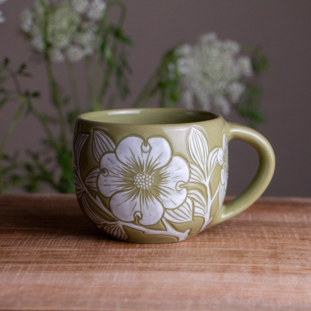 Olive Green Sgraffito Dogwood Mug [10oz]