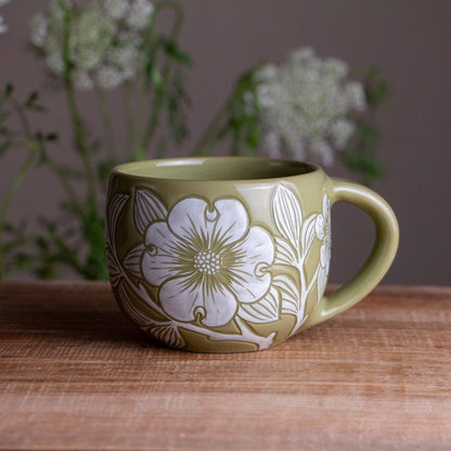 Olive Green Sgraffito Dogwood Mug [10oz]