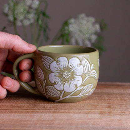 Olive Green Sgraffito Dogwood Mug [10oz]