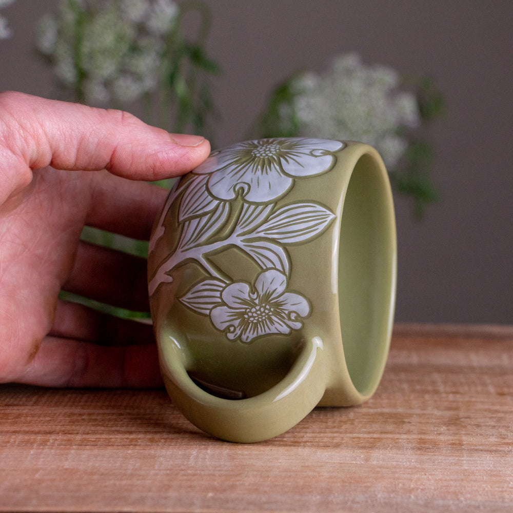 Olive Green Sgraffito Dogwood Mug [10oz]
