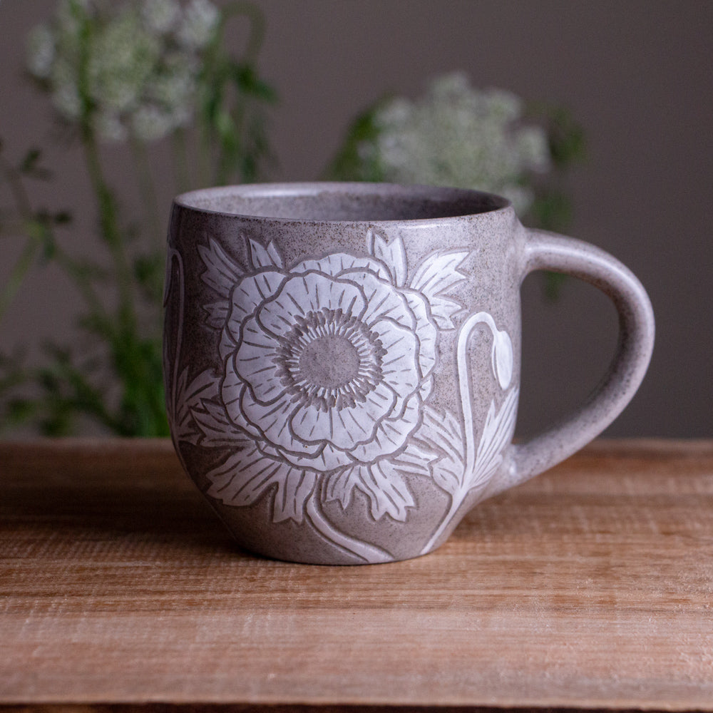 Gray Sandstone Sgraffito Anemone Mug #1 [13oz]