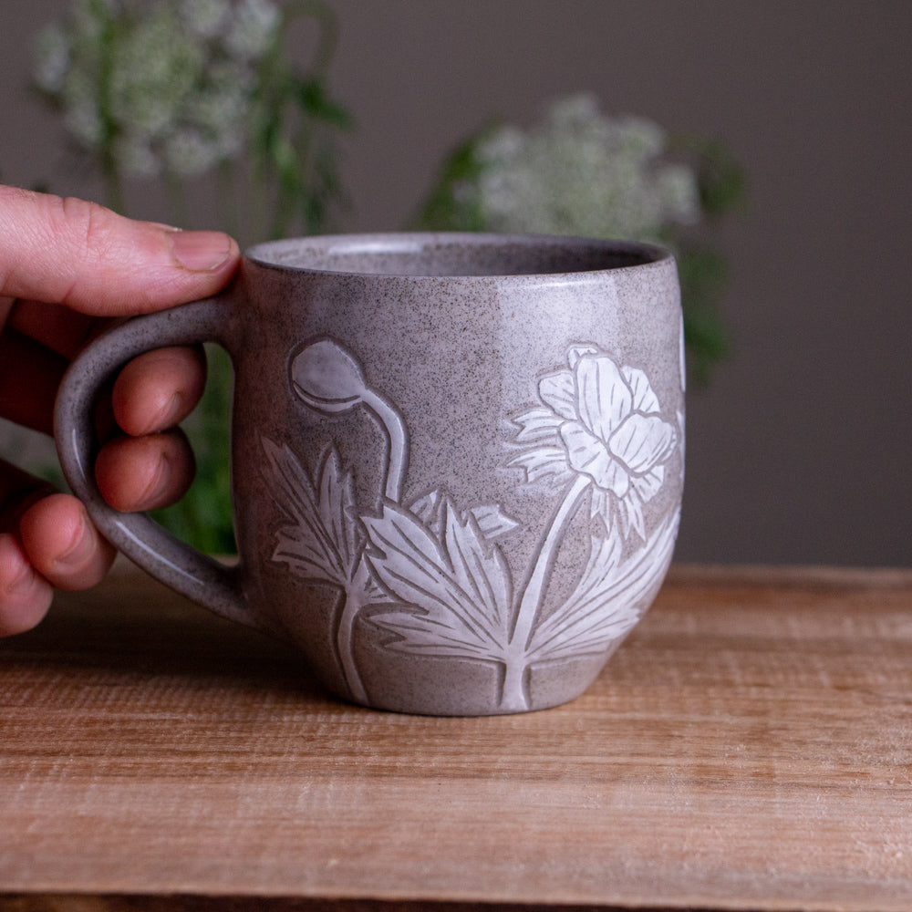 Gray Sandstone Sgraffito Anemone Mug #1 [13oz]