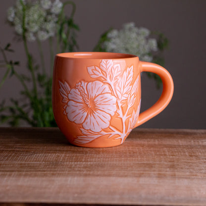Peach Sgraffito Hibiscus Mug #1 [11oz]