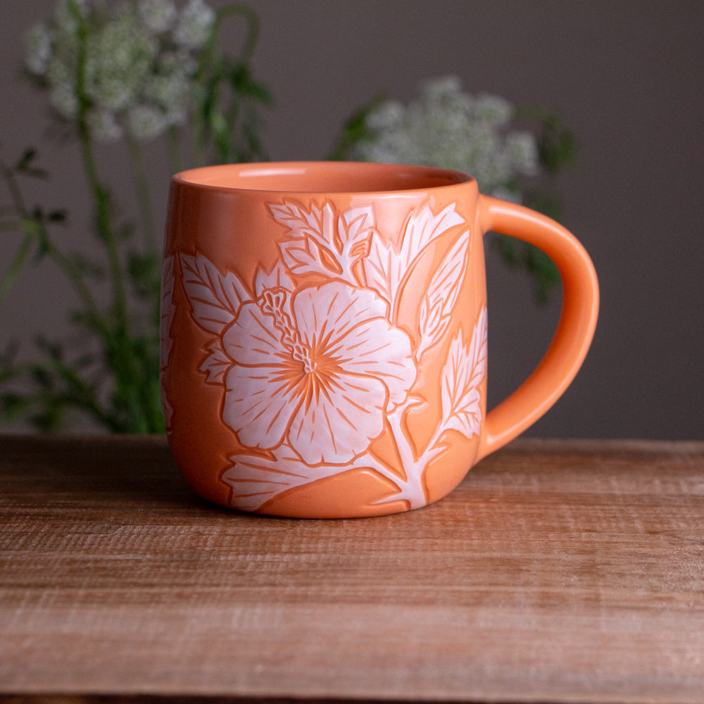 Peach Sgraffito Hibiscus Mug #2 [14oz]