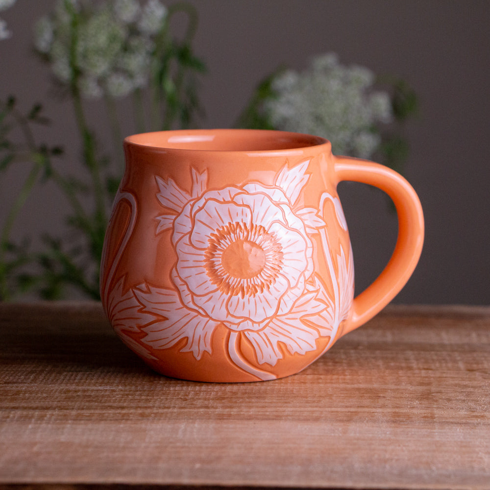 Peach Sgraffito Anemone Mug #2 [14oz]