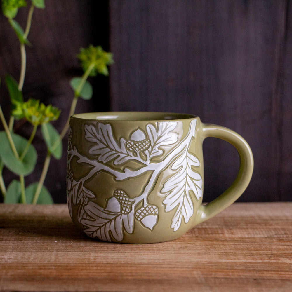 [SECONDS] Olive Green Sgraffito Oak Branch Mug [11oz]