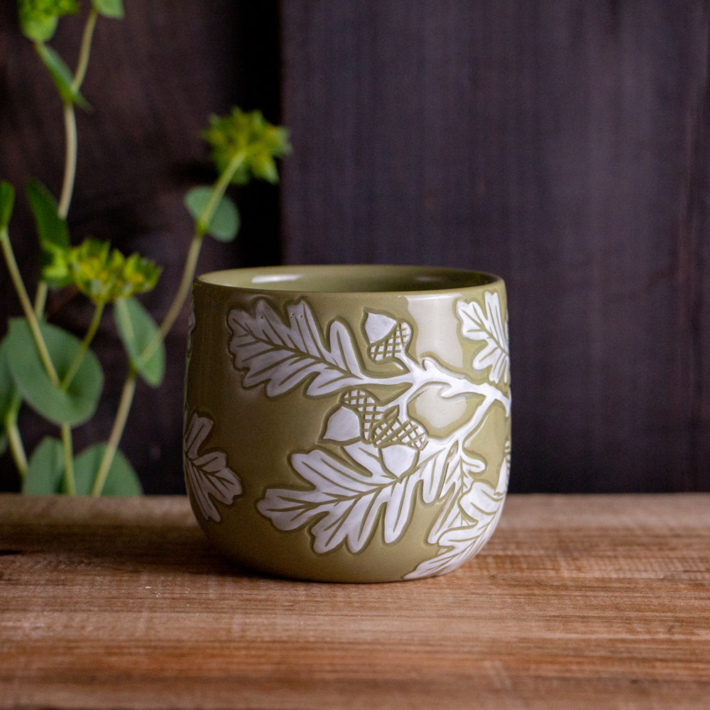 [SECONDS] Olive Green Sgraffito Oak Branch Mug [11oz]