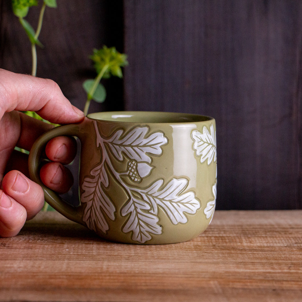 [SECONDS] Olive Green Sgraffito Oak Branch Mug [11oz]