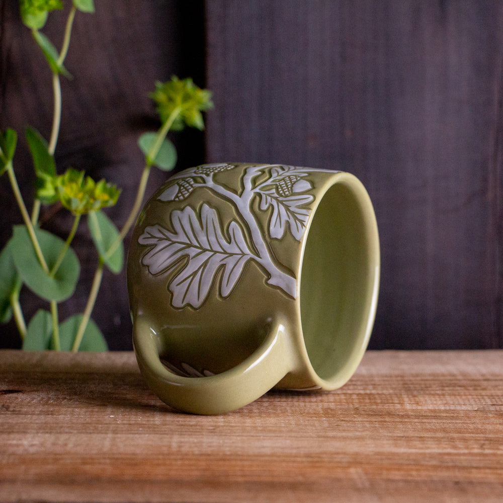 [SECONDS] Olive Green Sgraffito Oak Branch Mug [11oz]