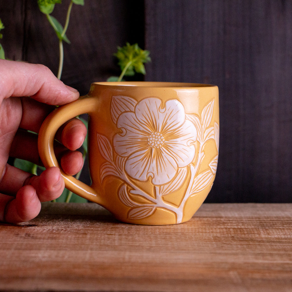 Yellow Sgraffito Dogwood Mug #2 [13oz]