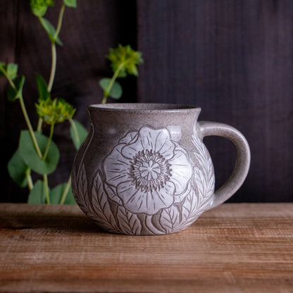 Gray Sandstone Sgraffito Poppy Mug #2 [13oz]