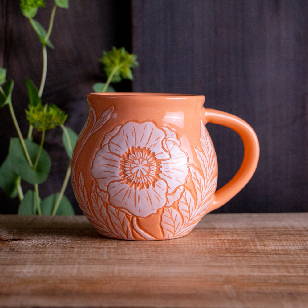 Peach Sgraffito Poppy Mug #1 [13oz]