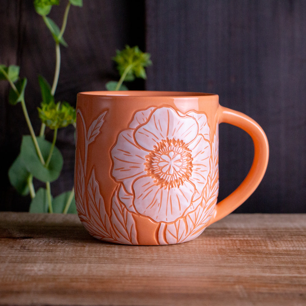 Peach Sgraffito Poppy Mug #2 [15oz]