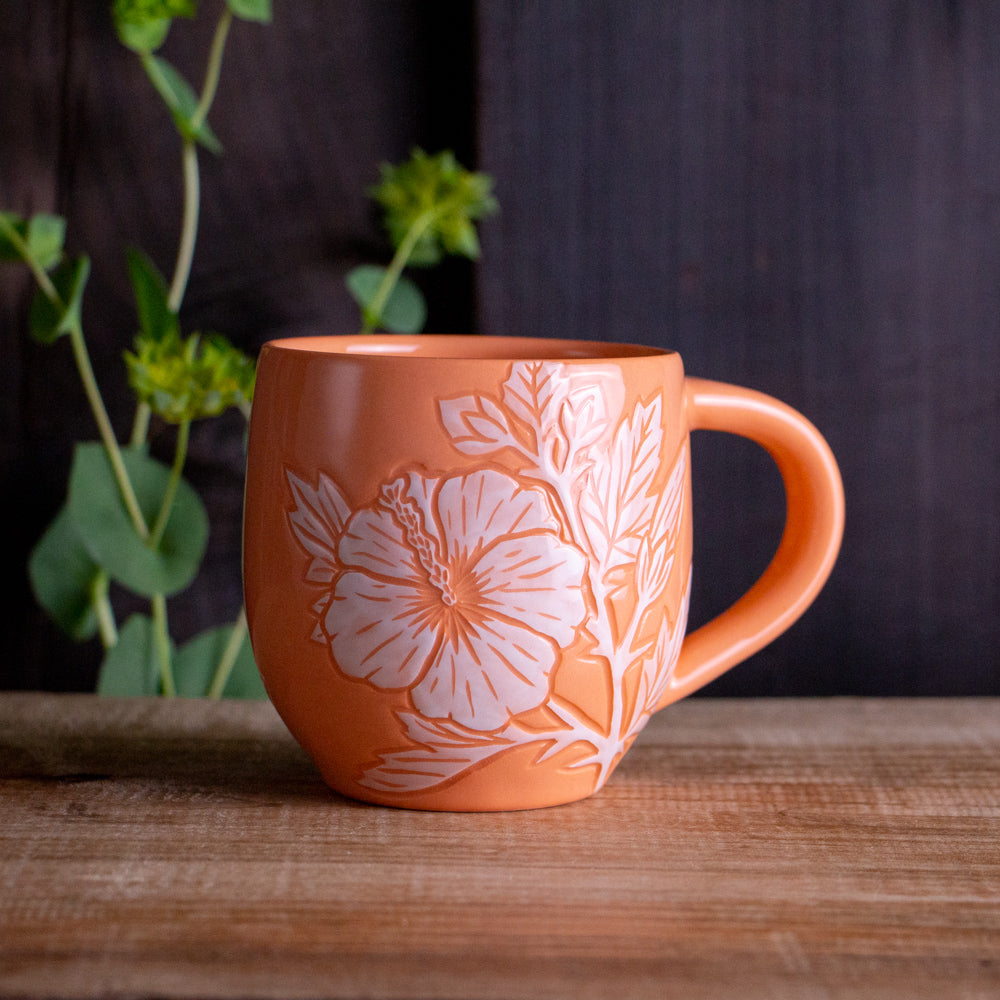 Peach Sgraffito Hibiscus Mug #1 [11oz]