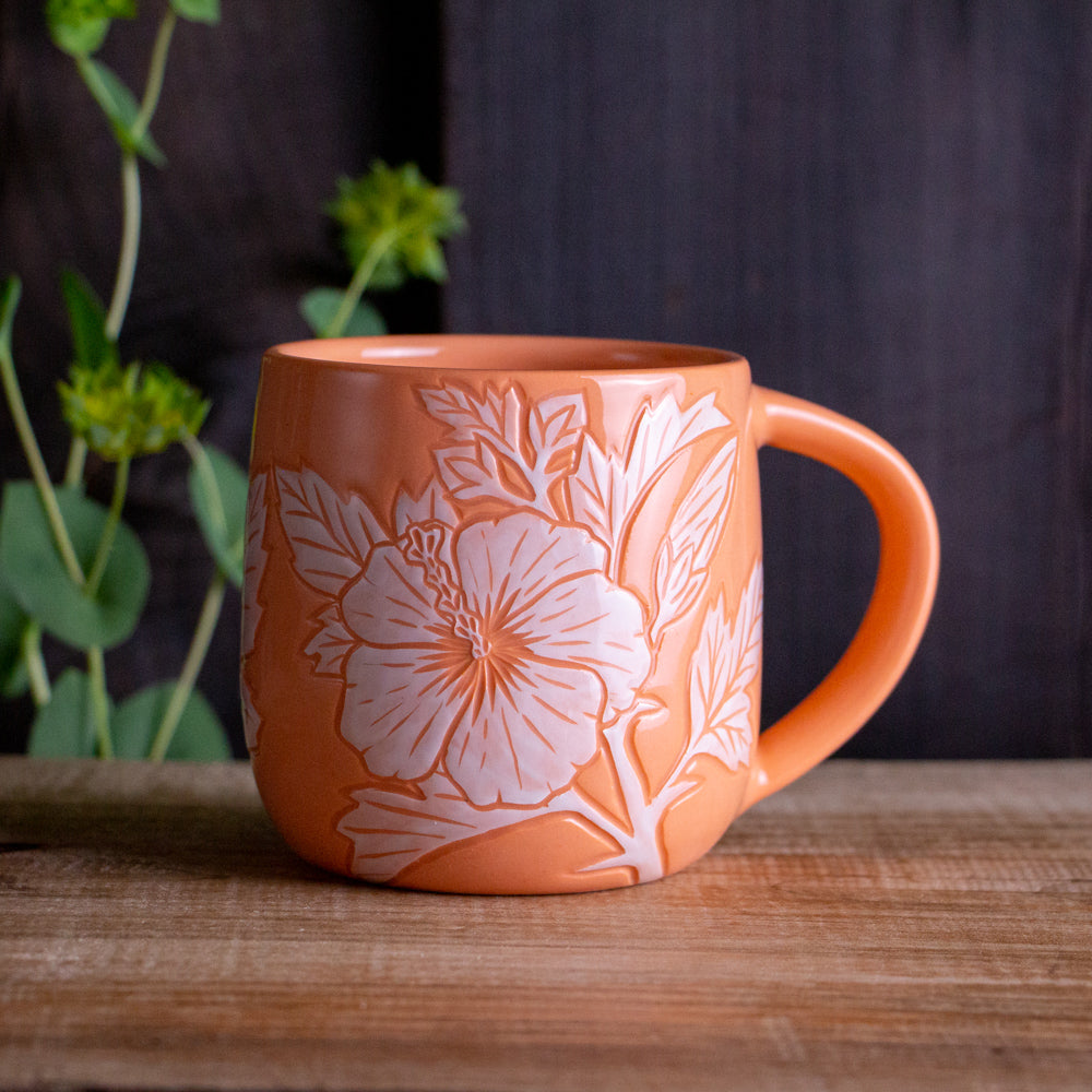 Peach Sgraffito Hibiscus Mug #2 [14oz]