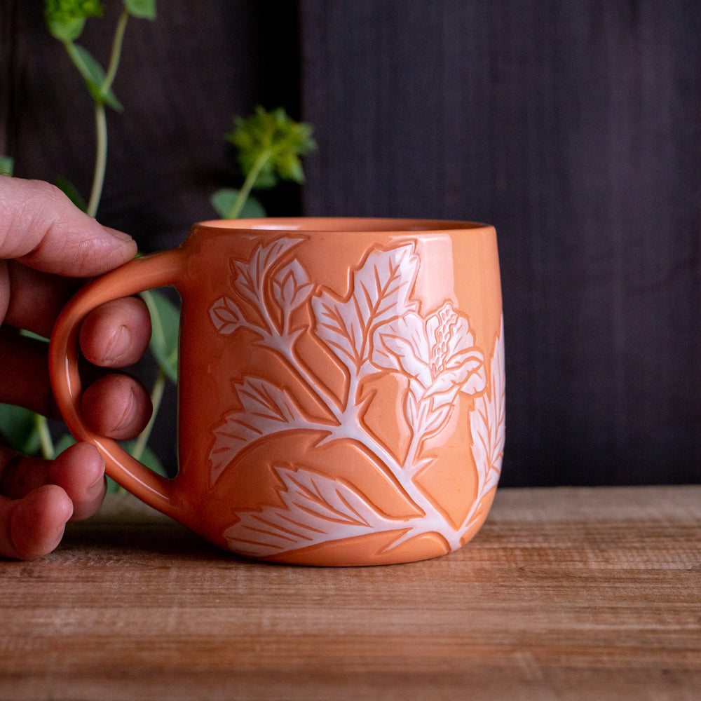 Peach Sgraffito Hibiscus Mug #2 [14oz]