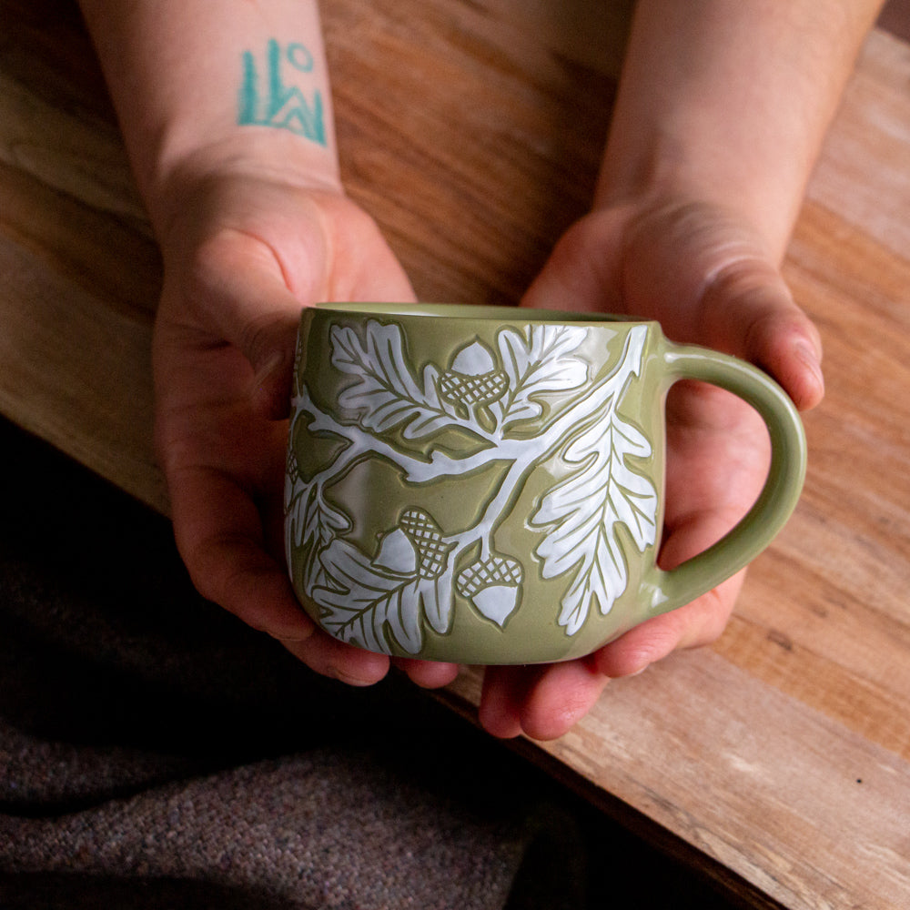 [SECONDS] Olive Green Sgraffito Oak Branch Mug [11oz]