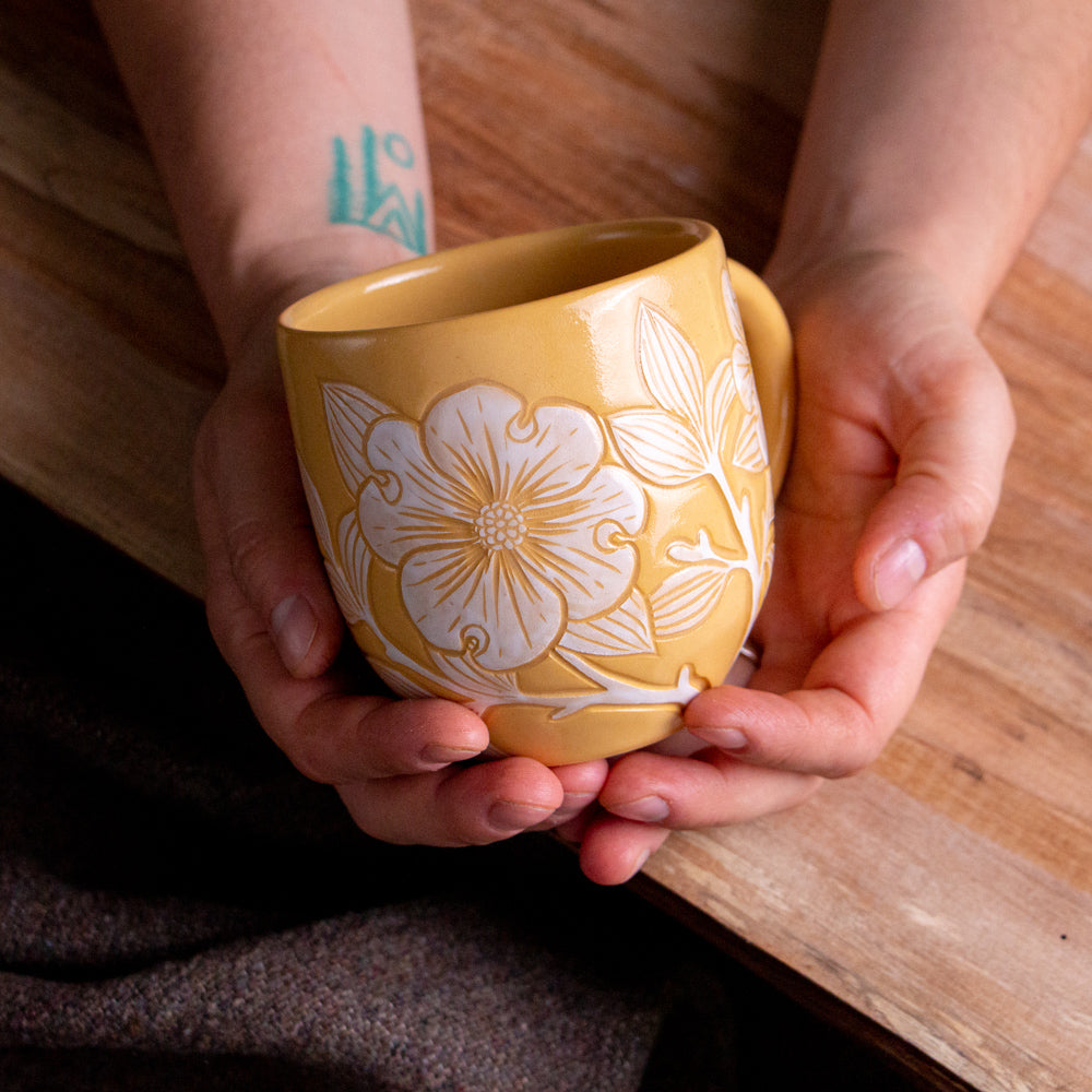 Yellow Sgraffito Dogwood Mug #2 [13oz]