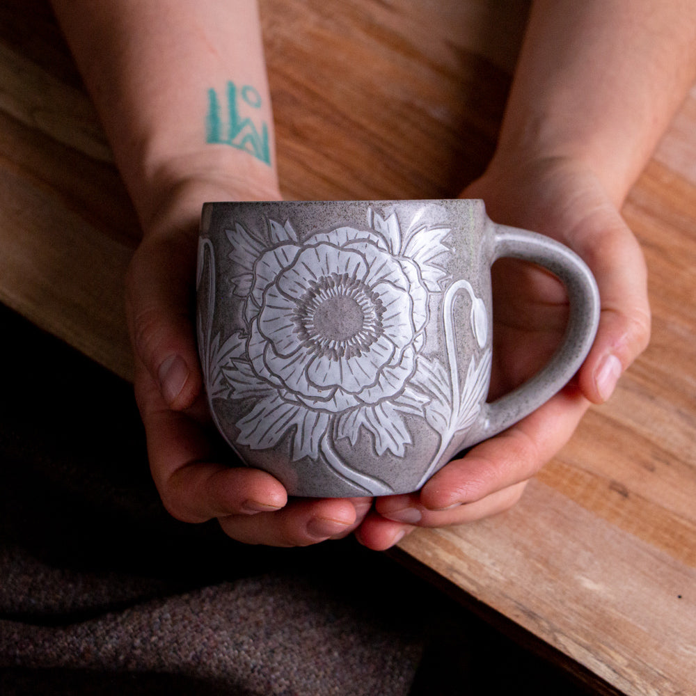 Gray Sandstone Sgraffito Anemone Mug #1 [13oz]