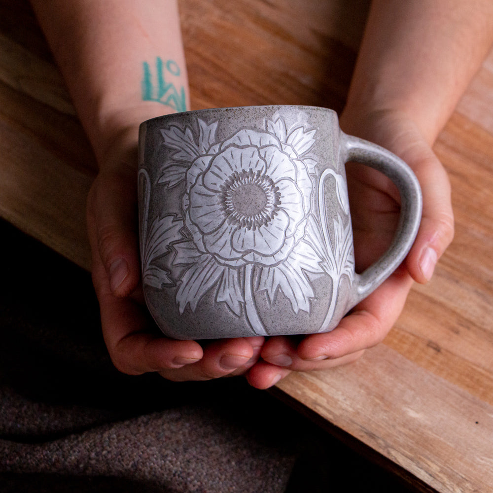 Gray Sandstone Sgraffito Anemone Mug #2 [15oz]