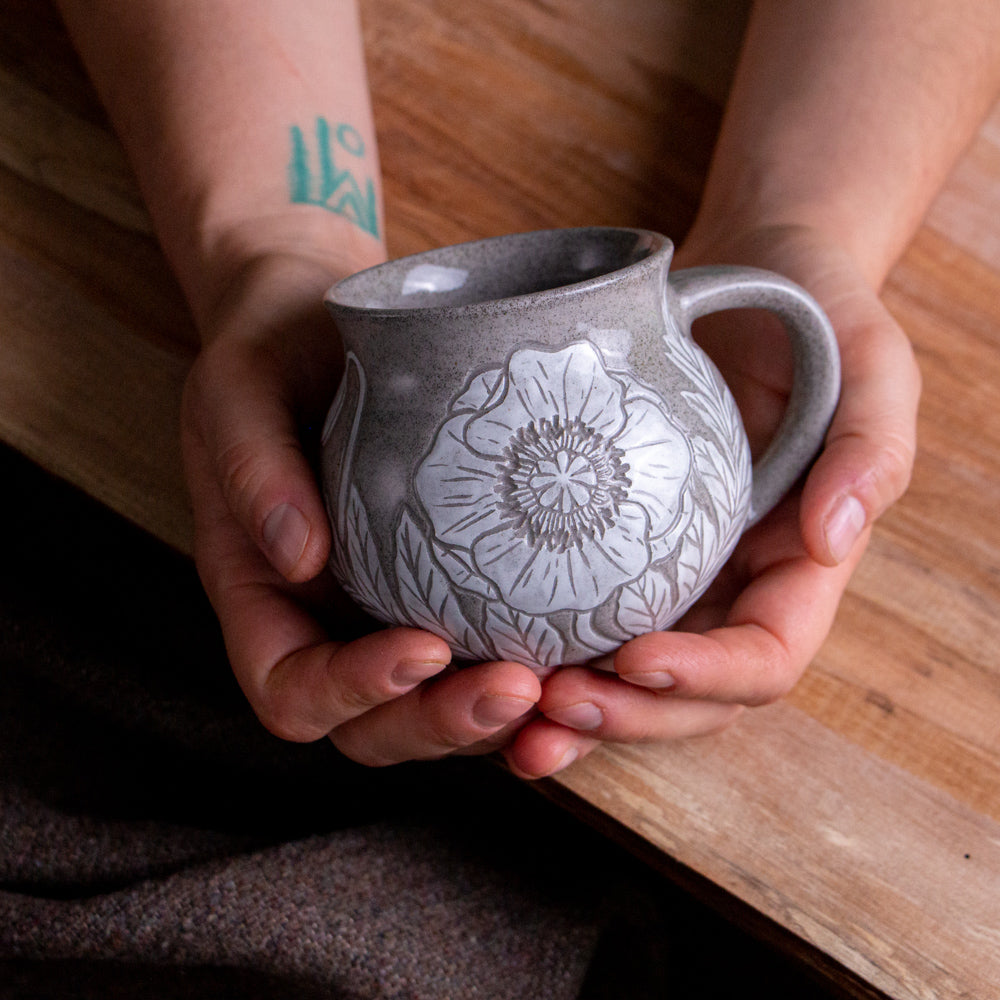 Gray Sandstone Sgraffito Poppy Mug #2 [13oz]