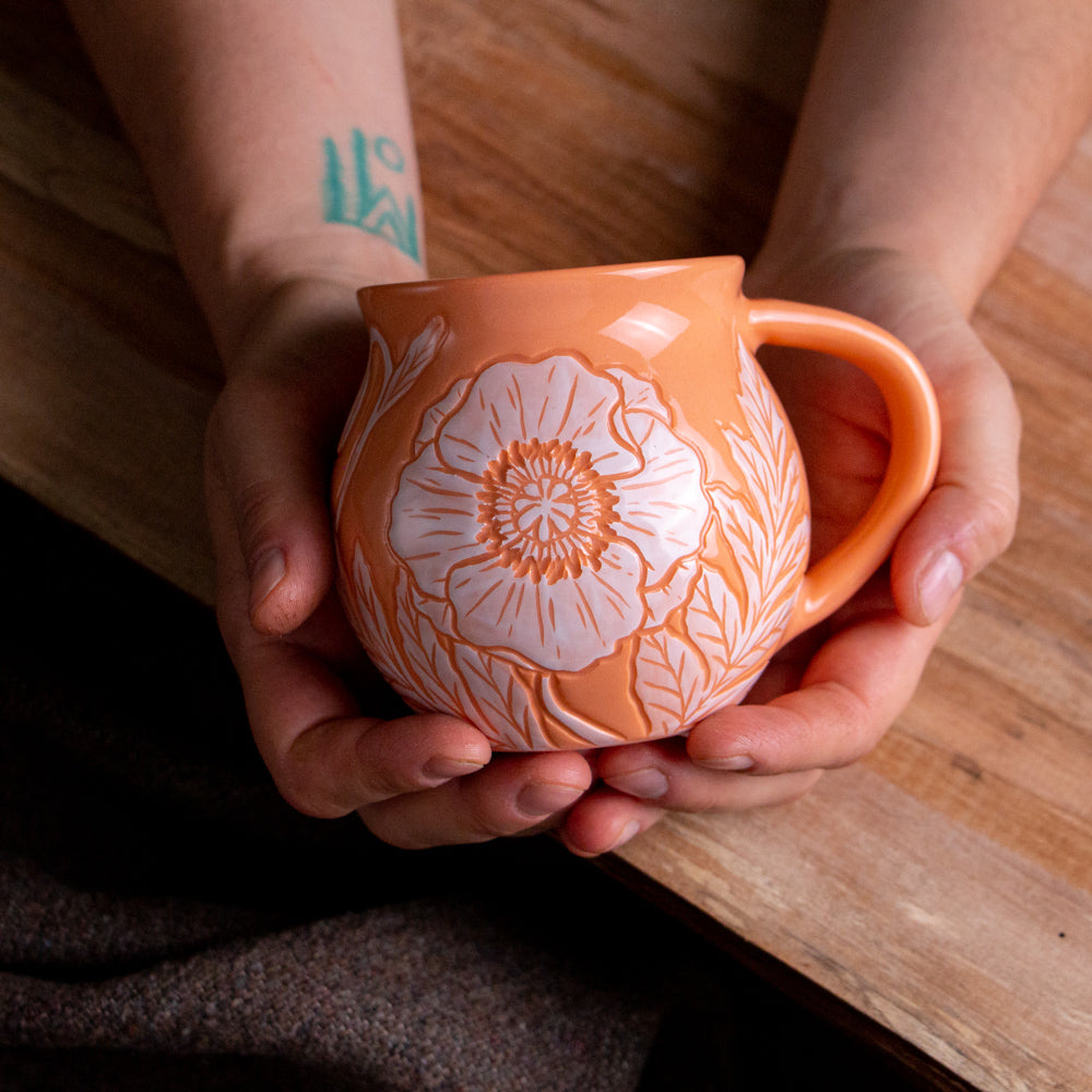 Peach Sgraffito Poppy Mug #1 [13oz]