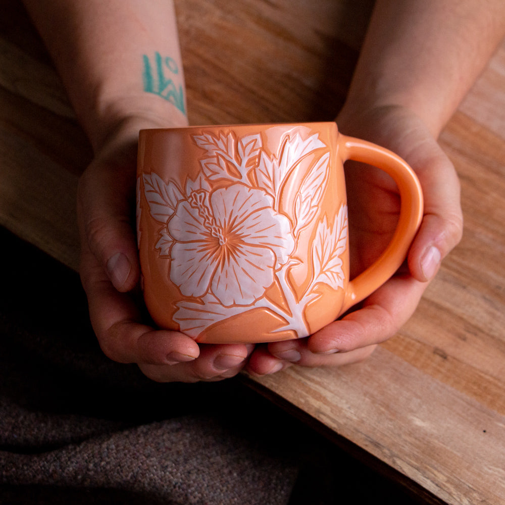 Peach Sgraffito Hibiscus Mug #2 [14oz]