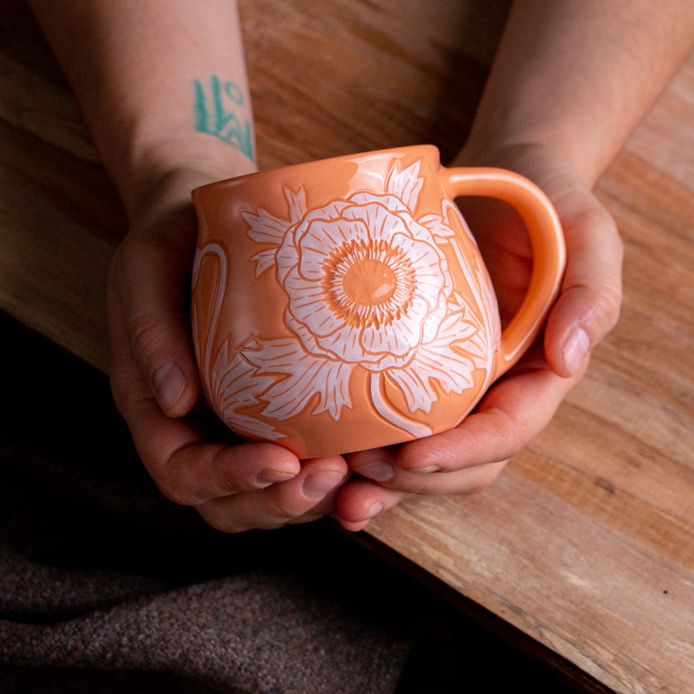 Peach Sgraffito Anemone Mug #2 [14oz]