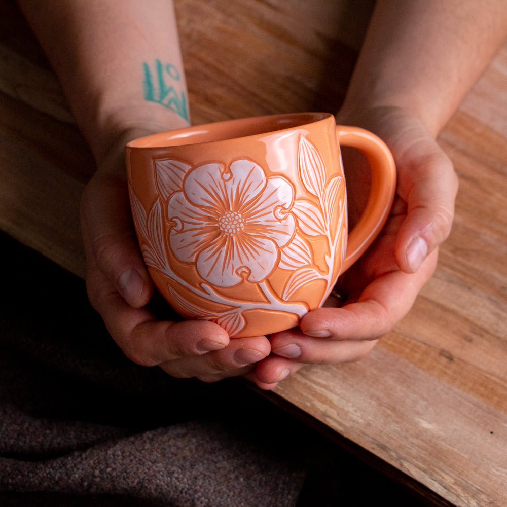 Peach Sgraffito Dogwood Mug #2 [12oz]
