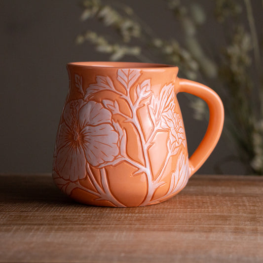 Peach Sgraffito Hibiscus Mug [14oz]