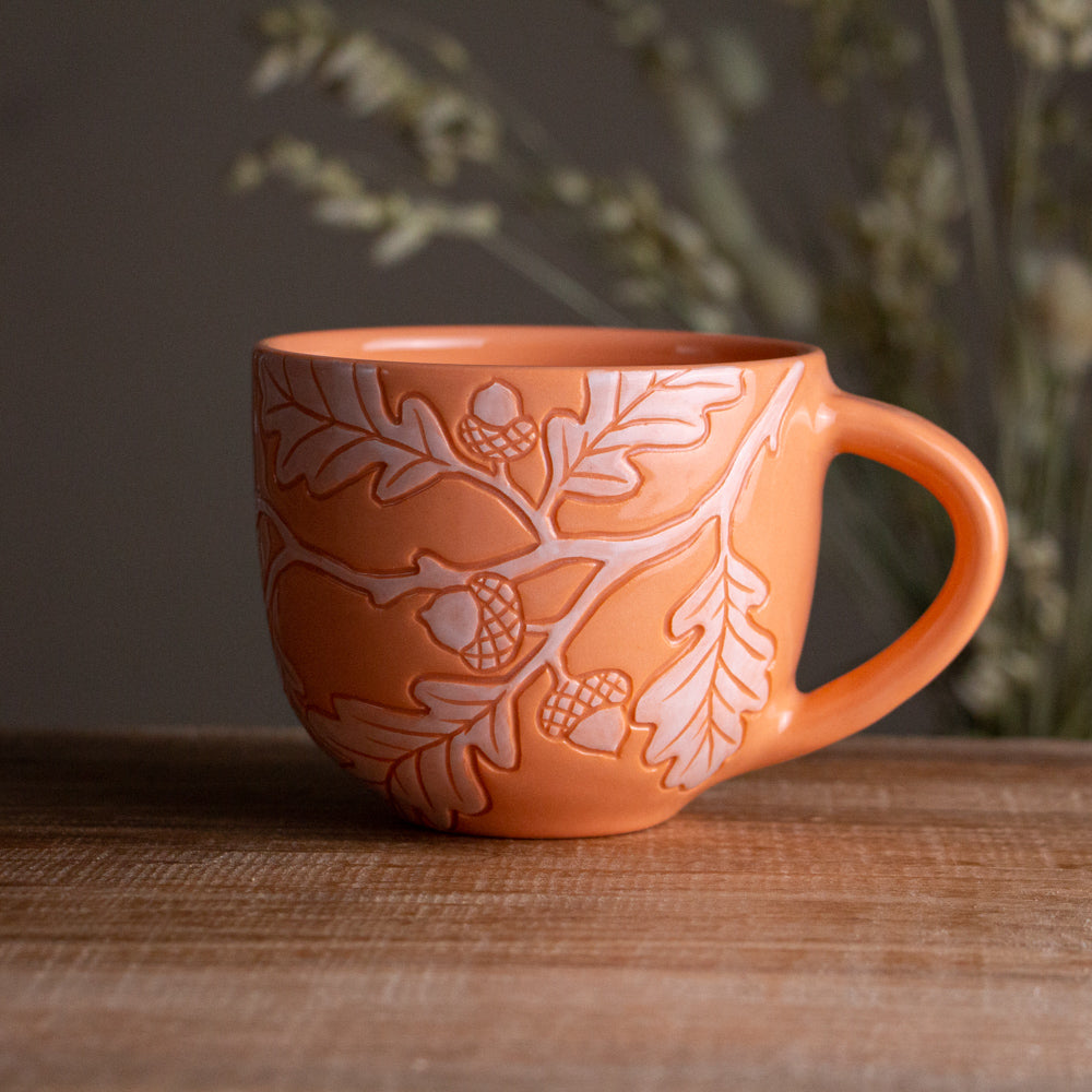 Peach Sgraffito Oak Branch Mug [14oz]