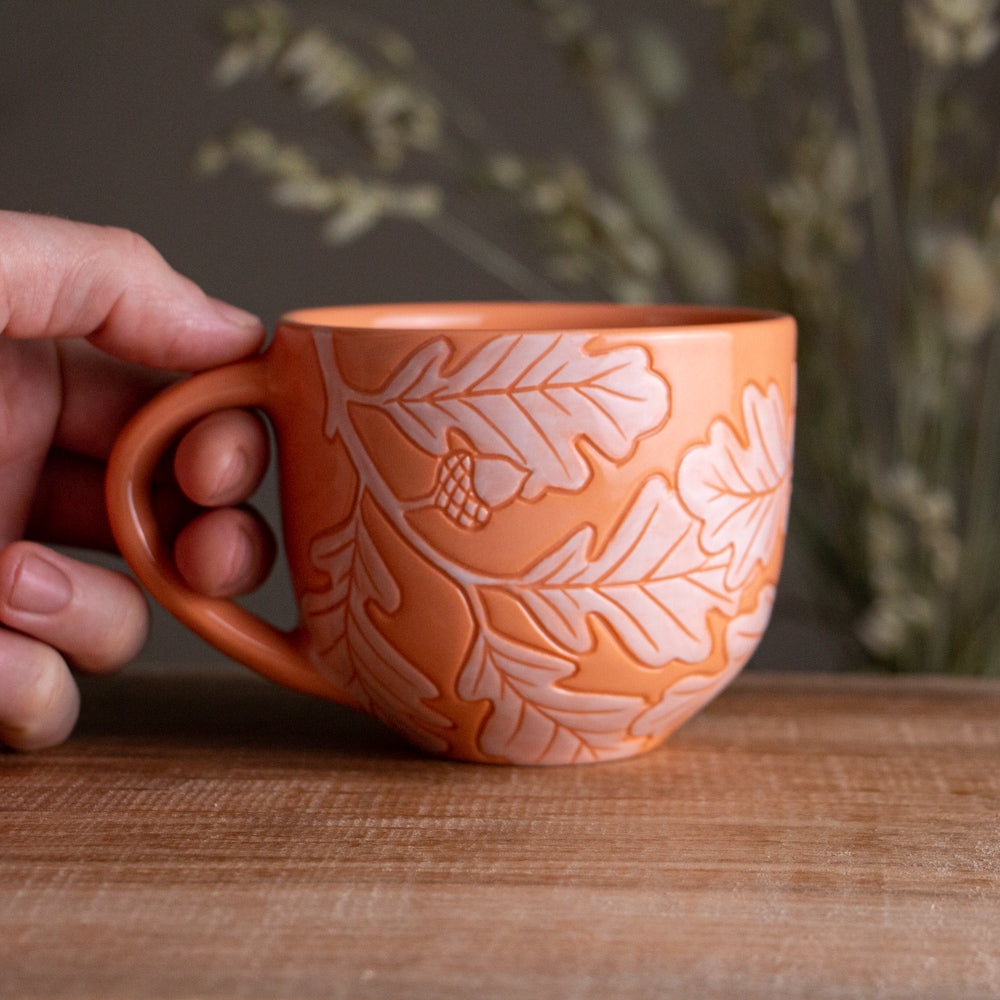 Peach Sgraffito Oak Branch Mug [14oz]