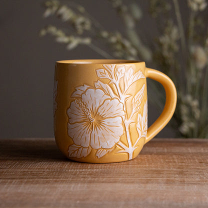 Yellow Sgraffito Hibiscus Mug [12oz]