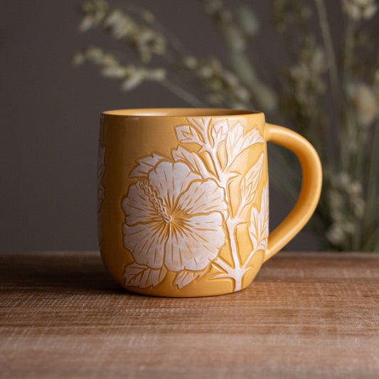 Yellow Sgraffito Hibiscus Mug [12oz]