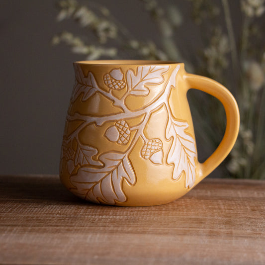 Yellow Sgraffito Oak Branch Mug #1 [16oz]