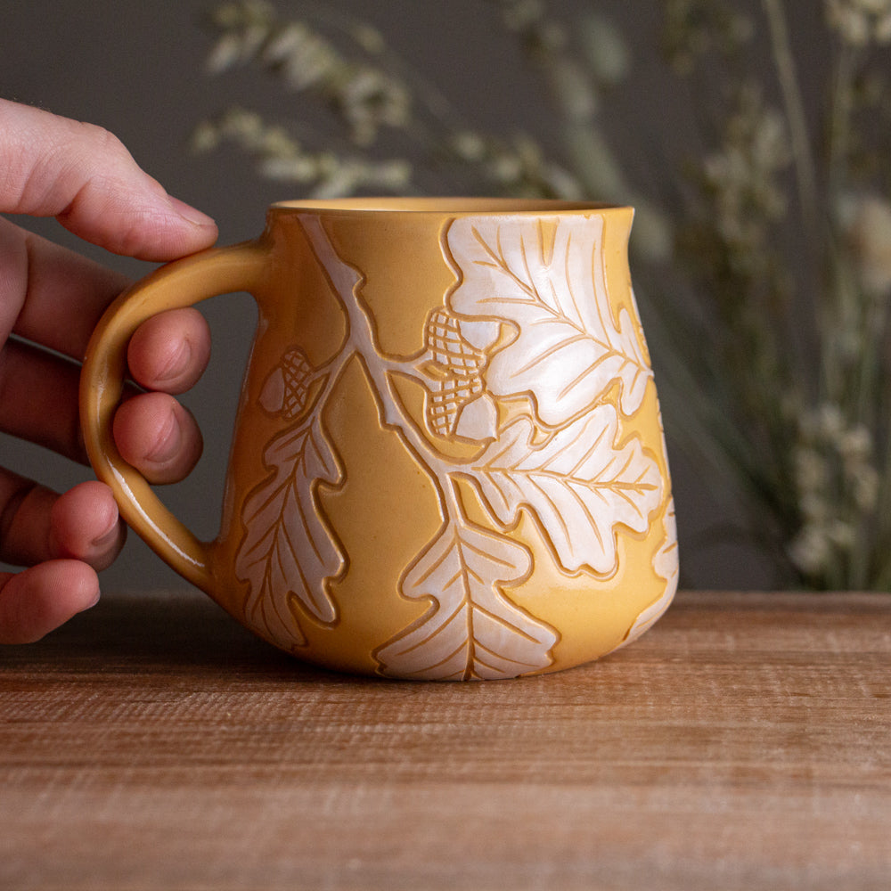 Yellow Sgraffito Oak Branch Mug #1 [16oz]
